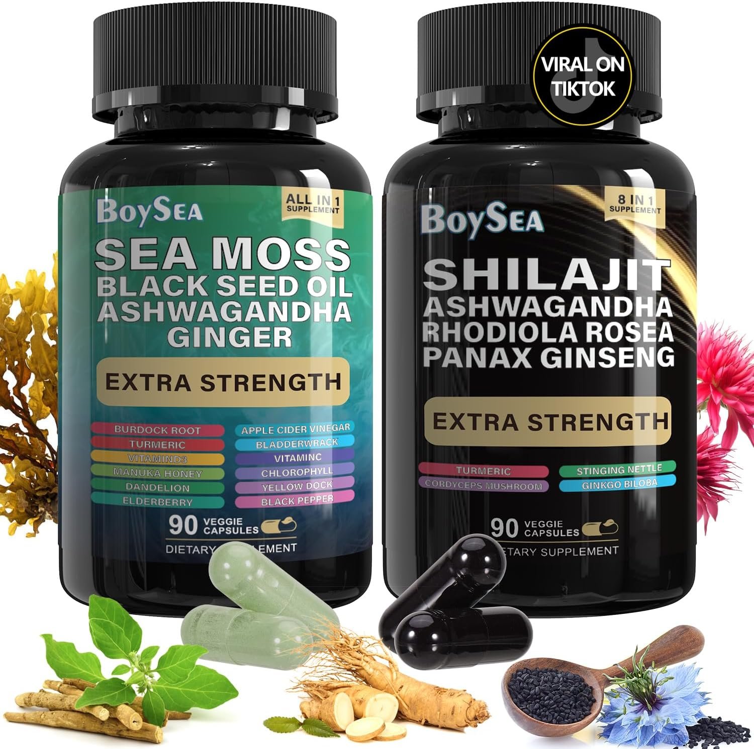 Boysea.Shilajit and Sea Moss Bundle- 90 Count – Sea Moss, Black Seed Oil, Ashwagandha, Ginger & Shilajit, Rhodiola Rosea, All in 1 Supplements (1 Pc)