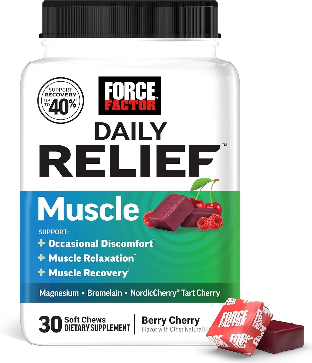 Force Factor Daily Relief Muscle Support Supplement, Fast-Acting Formula with Magnesium Glycinate, Tart Cherry & Bromelain for Muscle Relaxation, Recovery & Tissue Support, Berry Cherry, 30 Soft Chews